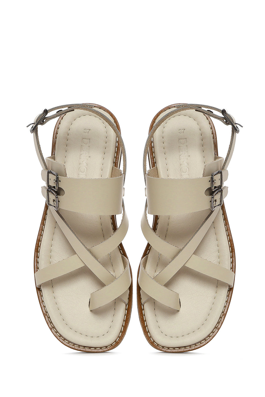 Woman Beige Wrist Strap Fingertips Leather Sandals