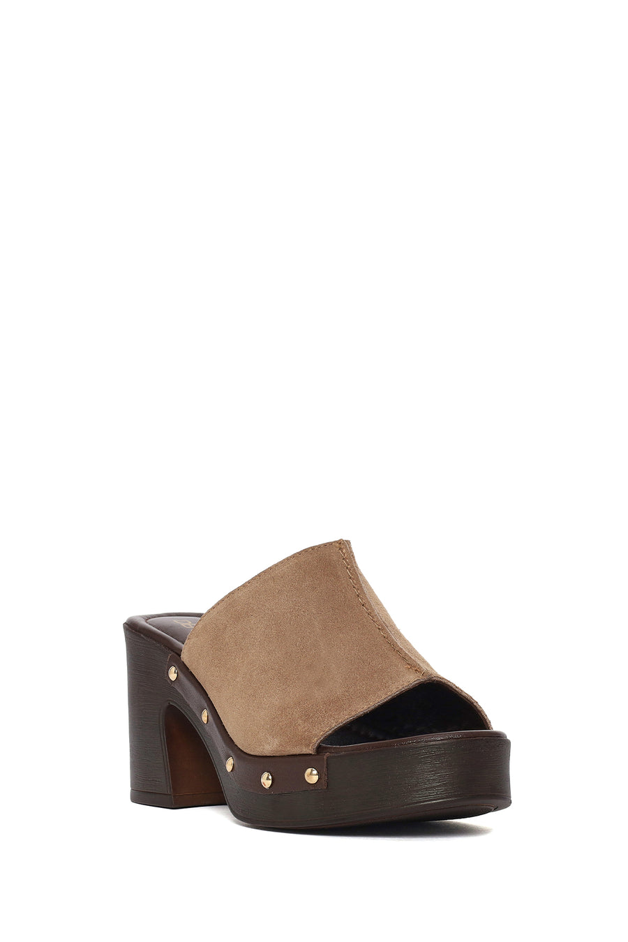 Women's Beige Thick Heeled Suede Leather Slippers