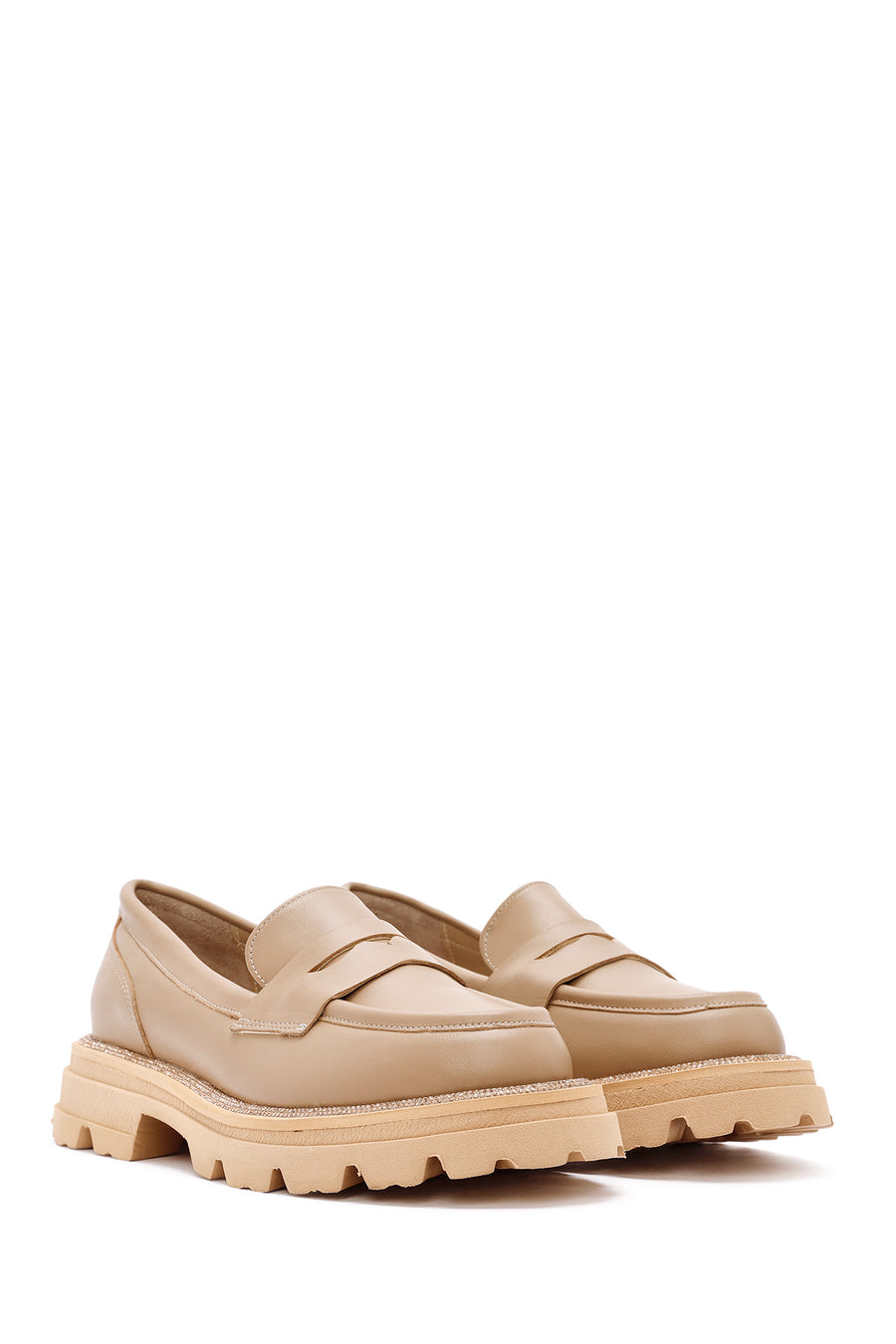 Women's Beige Thick Soled Leather Masculine Loafer