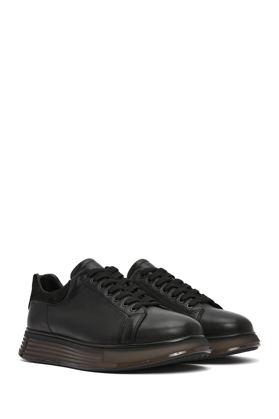 Men's Black Lace-up Thick-Sole Leather Sneaker