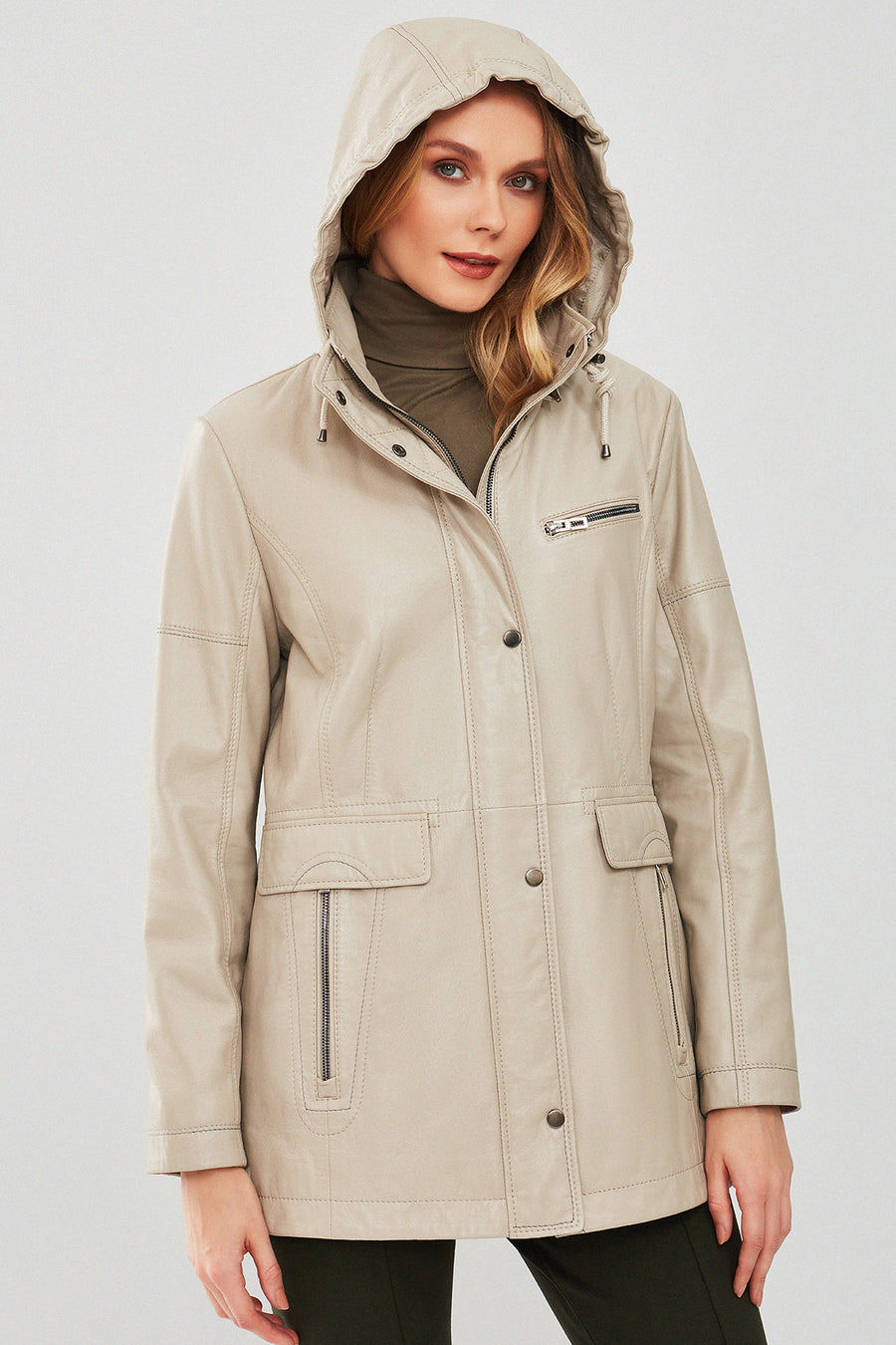 Agatha Women's Beige Hooded Long Leather Coat