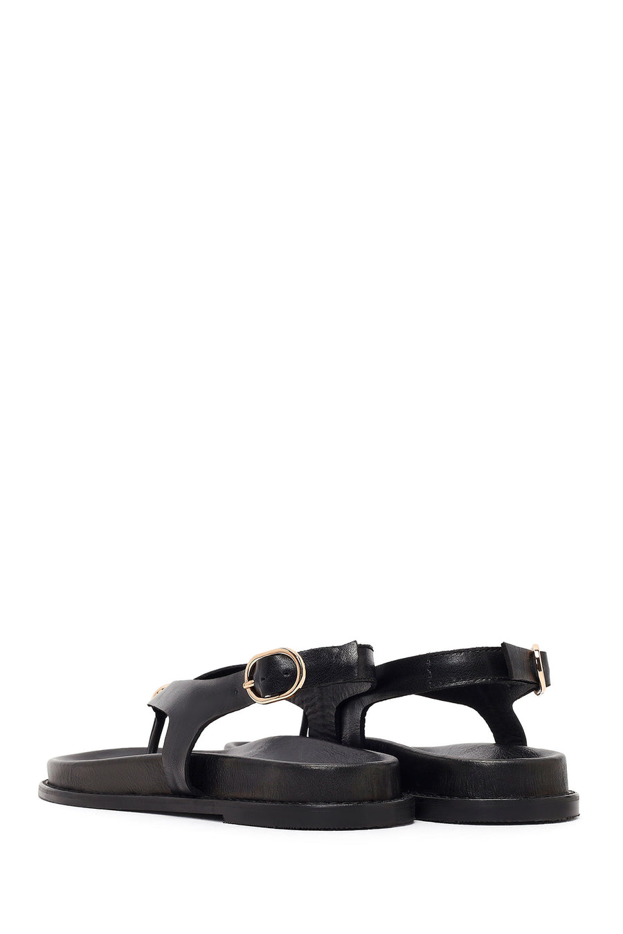 Women's Black Leather Flip-Flop Sandals with Buckle Back