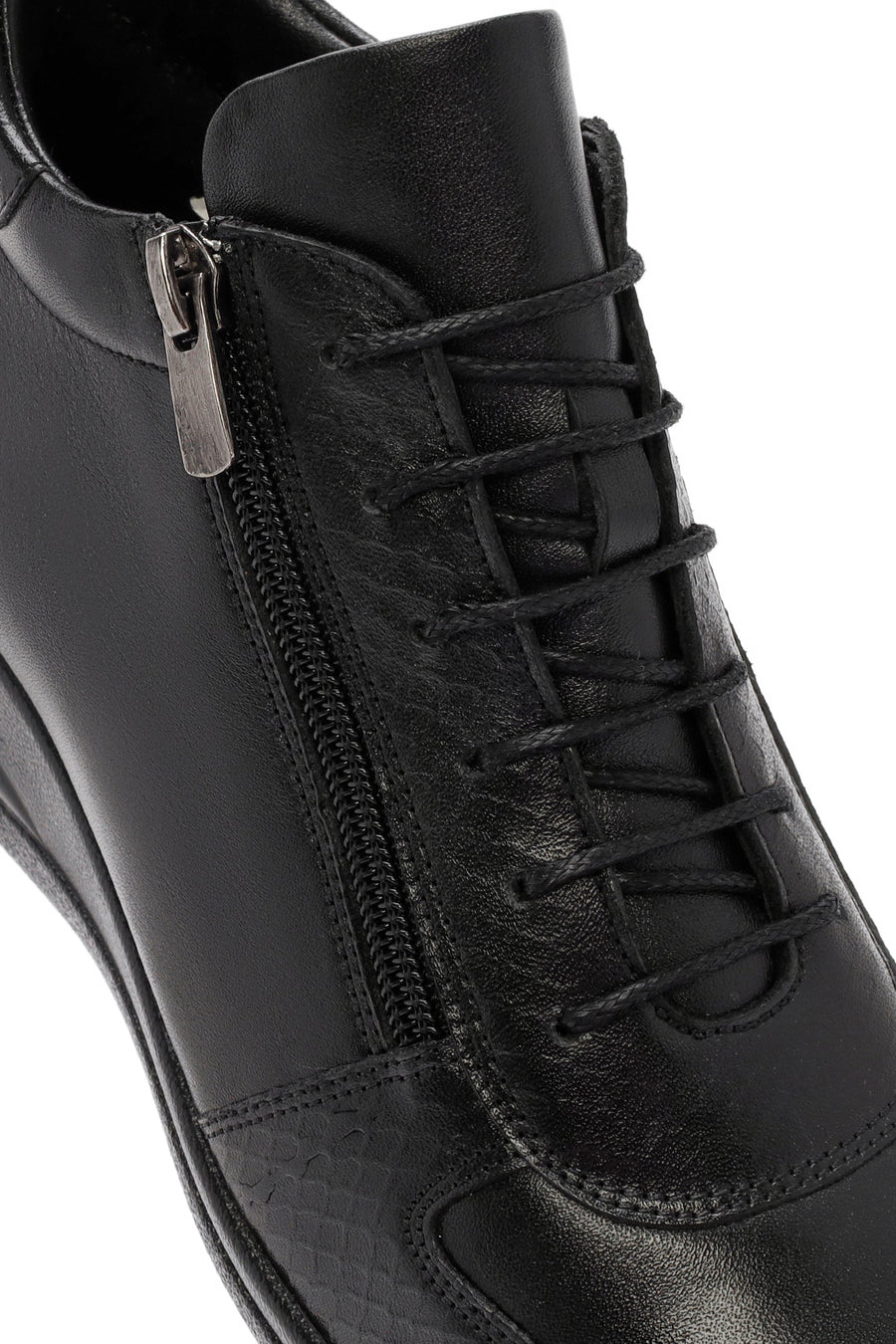 Women's Black Zippered Wedge Heel Leather Comfort Shoes
