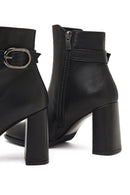Women's Black Buckled Zippered Thick Heeled Leather Boot | Derimod