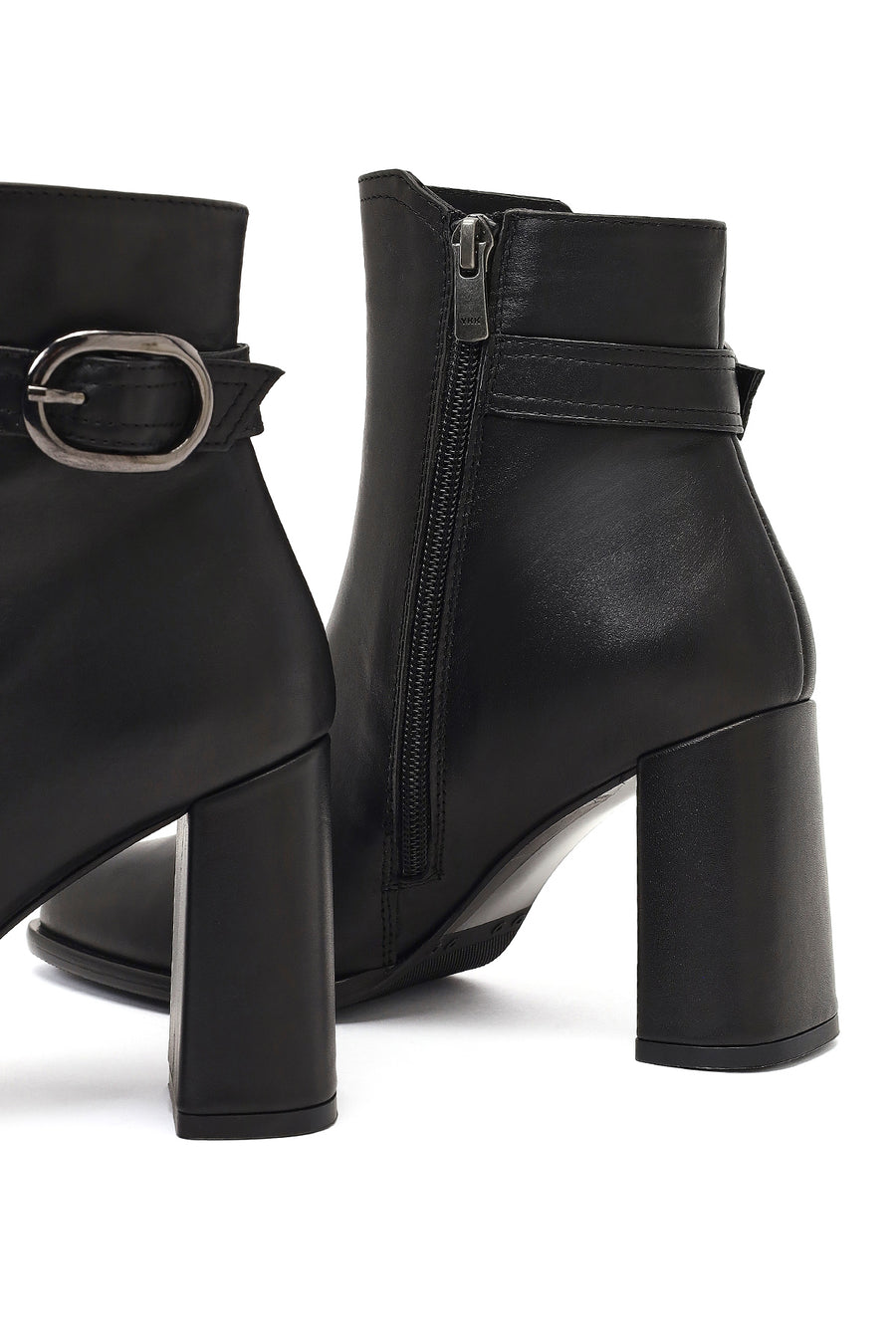 Women's Black Buckled Zippered Thick Heeled Leather Boot