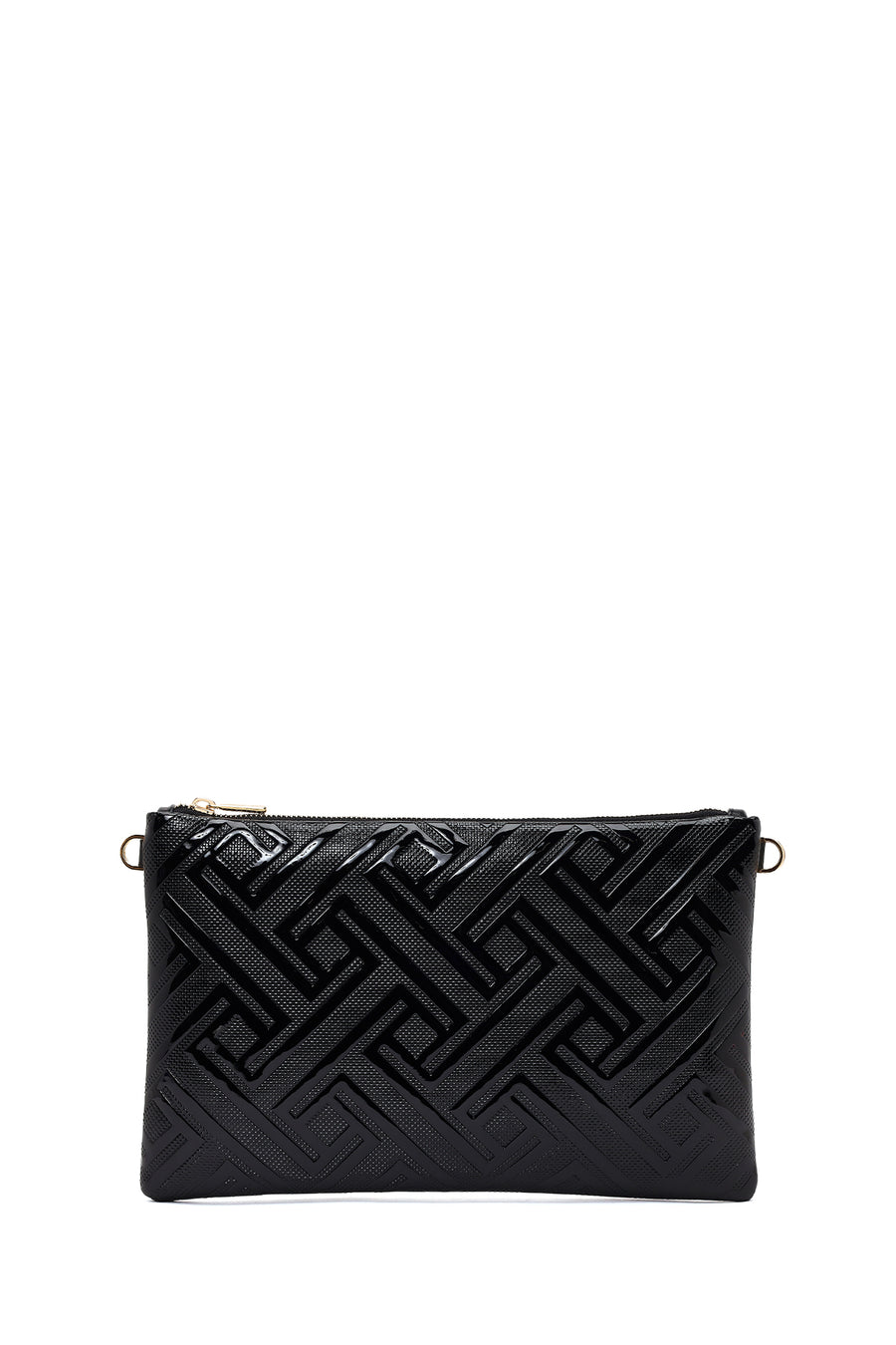 Woman Black Chain Strap Patterned Patent Leather Clutch Bag