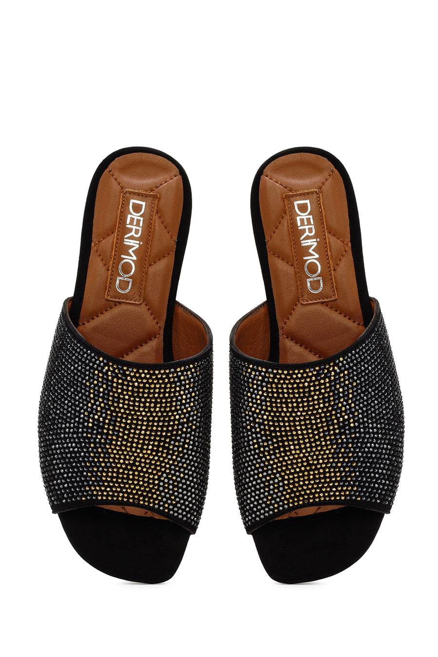 Women's Black Stoned Leather Slippers