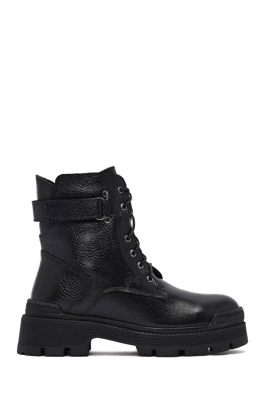 Woman Black Lace-Up Zippered Thick Sole Leather Postal Boots 25WFD181918 | Derimod