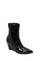 Woman Black Zip Closure Wedge Heel Leather Boots | Derimod