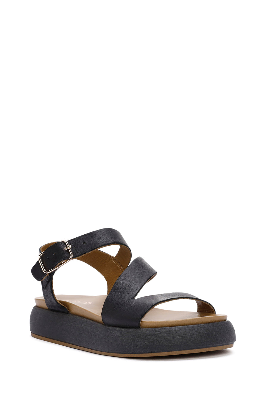 Women's Black Ankle Strap Thick-Sole Leather Sandals