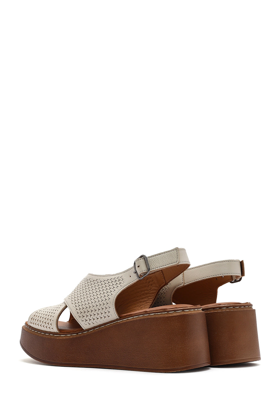 Women's Cream-Colored Ankle Buckle Platform Leather Comfort Sandals