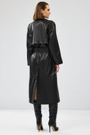 Nicole Women's Black Double Breasted Long Leather Trench Coat | Derimod