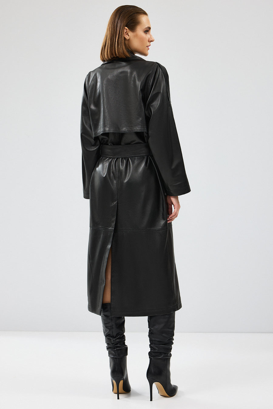 Nicole Women's Black Double Breasted Long Leather Trench Coat