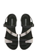Women's Black Buckled Metallic Leather Bodrum Sandals | Derimod