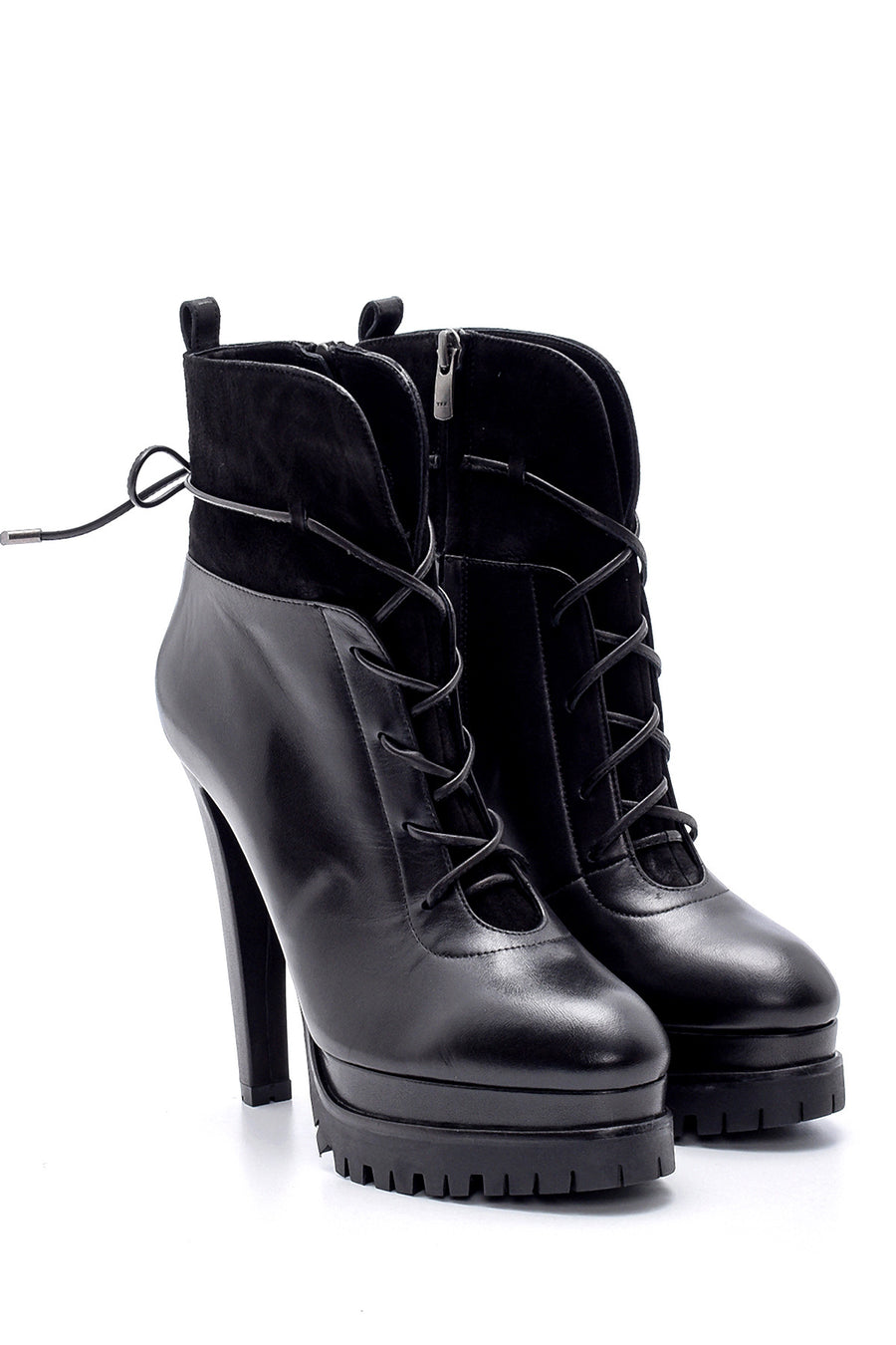 Women's Leather Lace Detailed Heeled Boots
