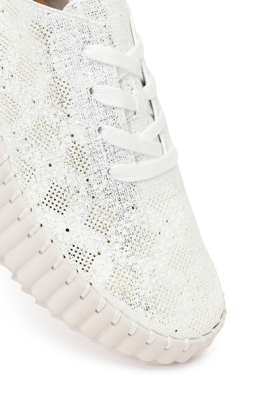 Woman White Lace-Up Patterned Thick-Soled Fabric Sneaker