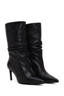 Woman Black Thin High-Heeled Leather Boots | Derimod
