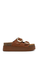 Women's Tan Double Buckle Thick Sole Suede Leather Slippers | Derimod