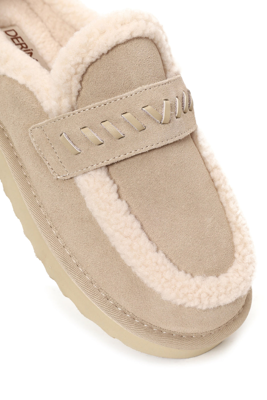 Woman Beige Thick-Soled Fur-Lined Suede Teddy Slipper