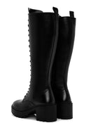 Women's Black Lace-Up Zipper Detailed Thick Heeled Leather Boots | Derimod