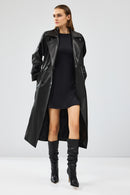 Nicole Women's Black Double Breasted Long Leather Trench Coat | Derimod