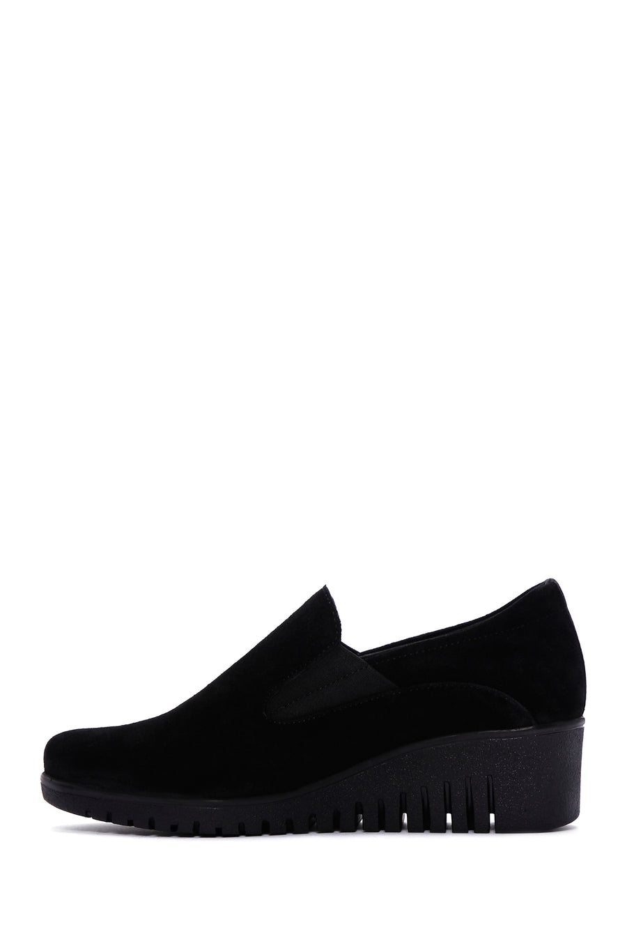 Women's Black Leather Comfort Wedge Heeled Loafer