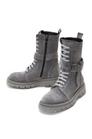 Women's Gray Suede Leather Buckle Flat Boots | Derimod
