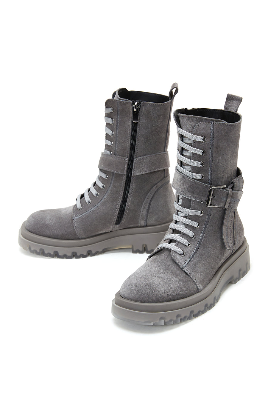 Women's Gray Suede Leather Buckle Flat Boots