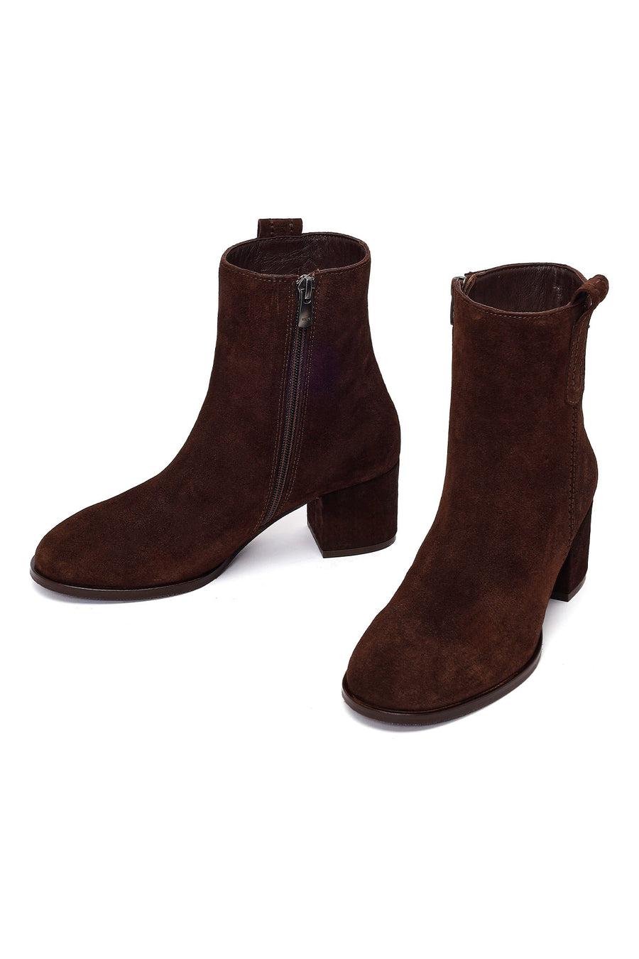 Woman Brown Zip Closure Chunky Heeled Suede Boots