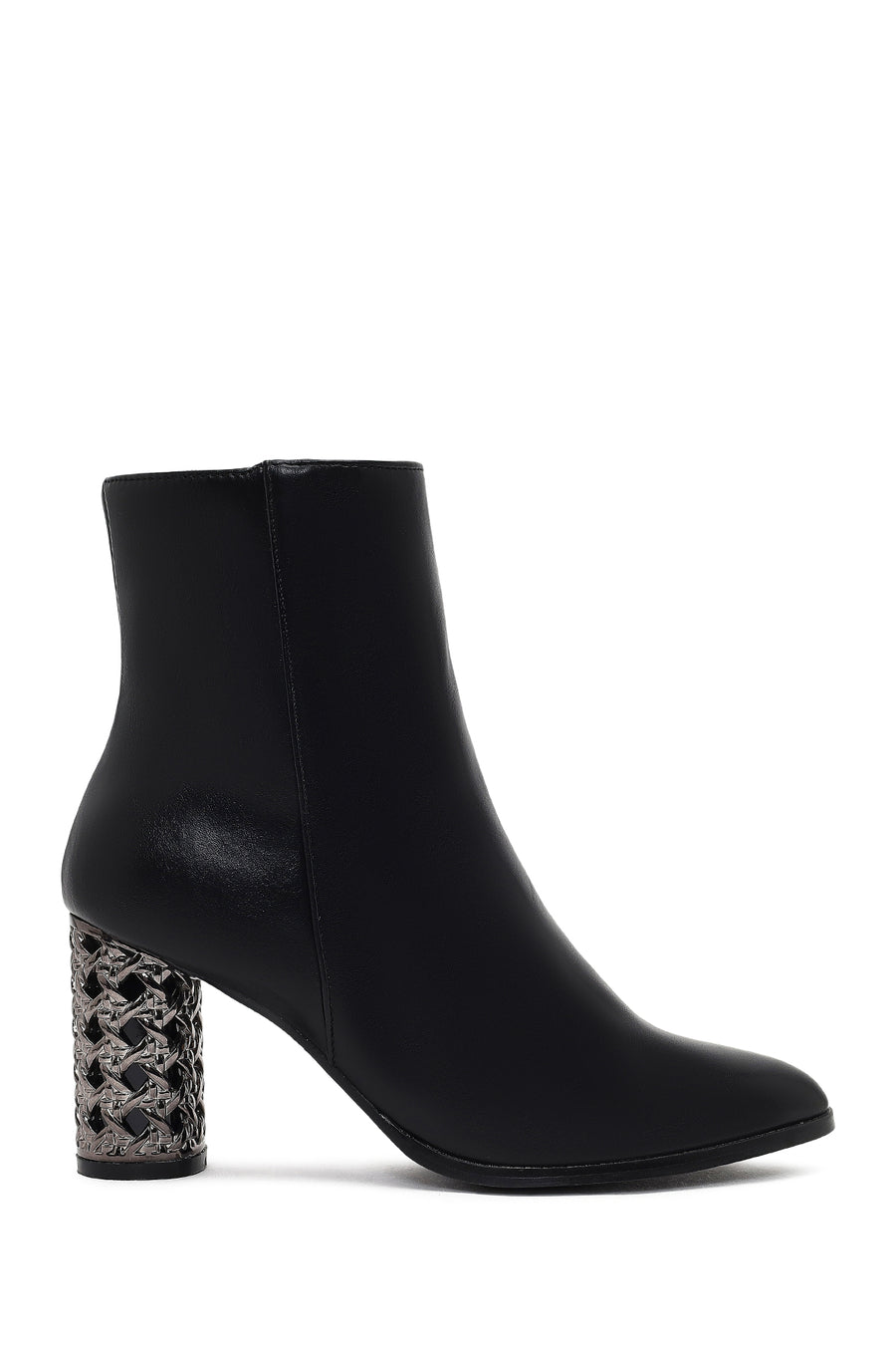 Women's Black Zippered Patterned Thick Heeled Boots