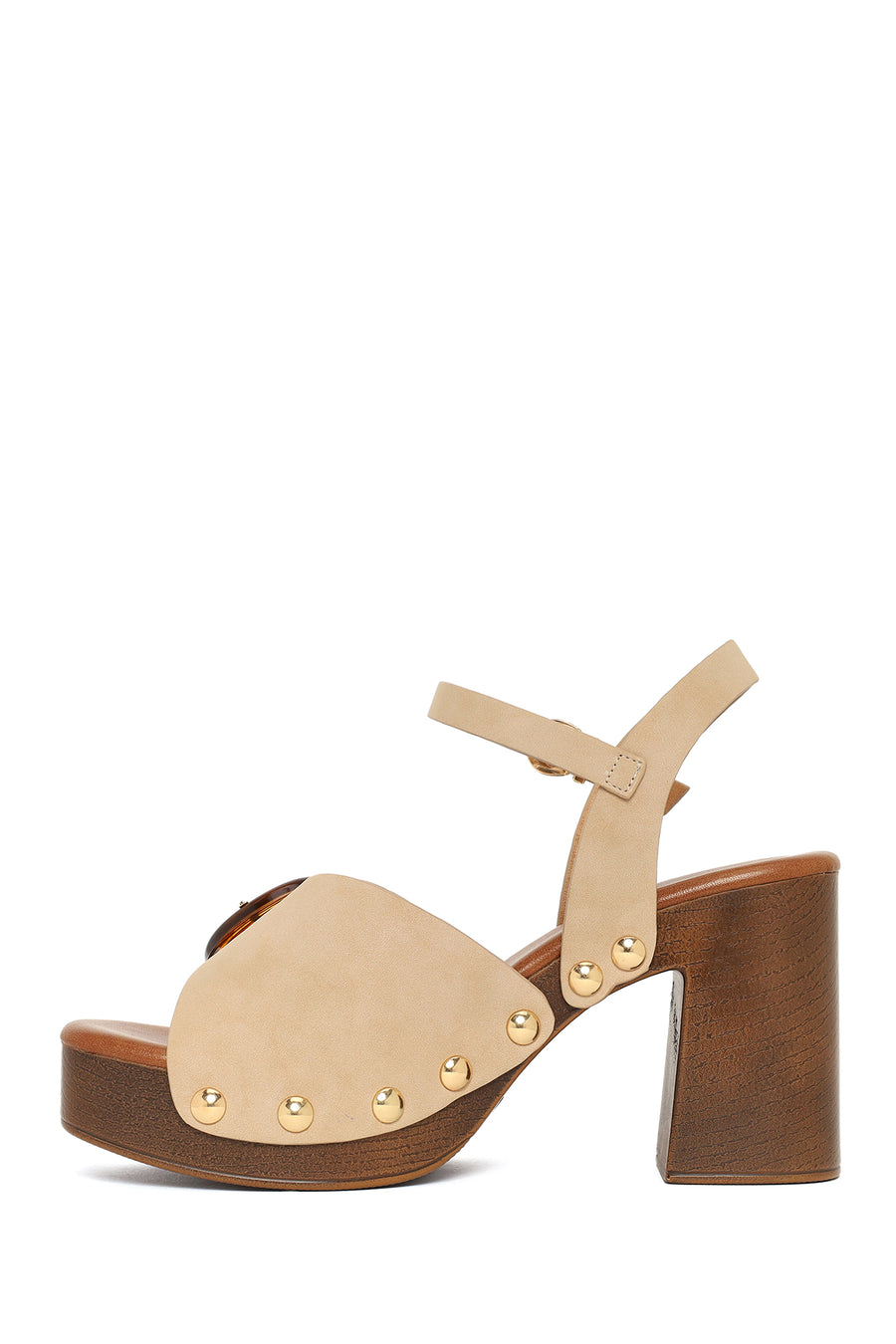 Woman Beige Buckled Ankle Platform Chunky High-Heel Suede Sandals