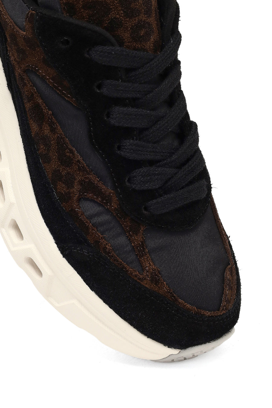 Women's Black Lace-Up Thick-Soled Leather Sneaker