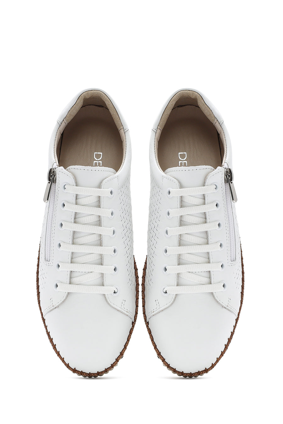 Women's White Lace-up Thick-Sole Leather Sneaker