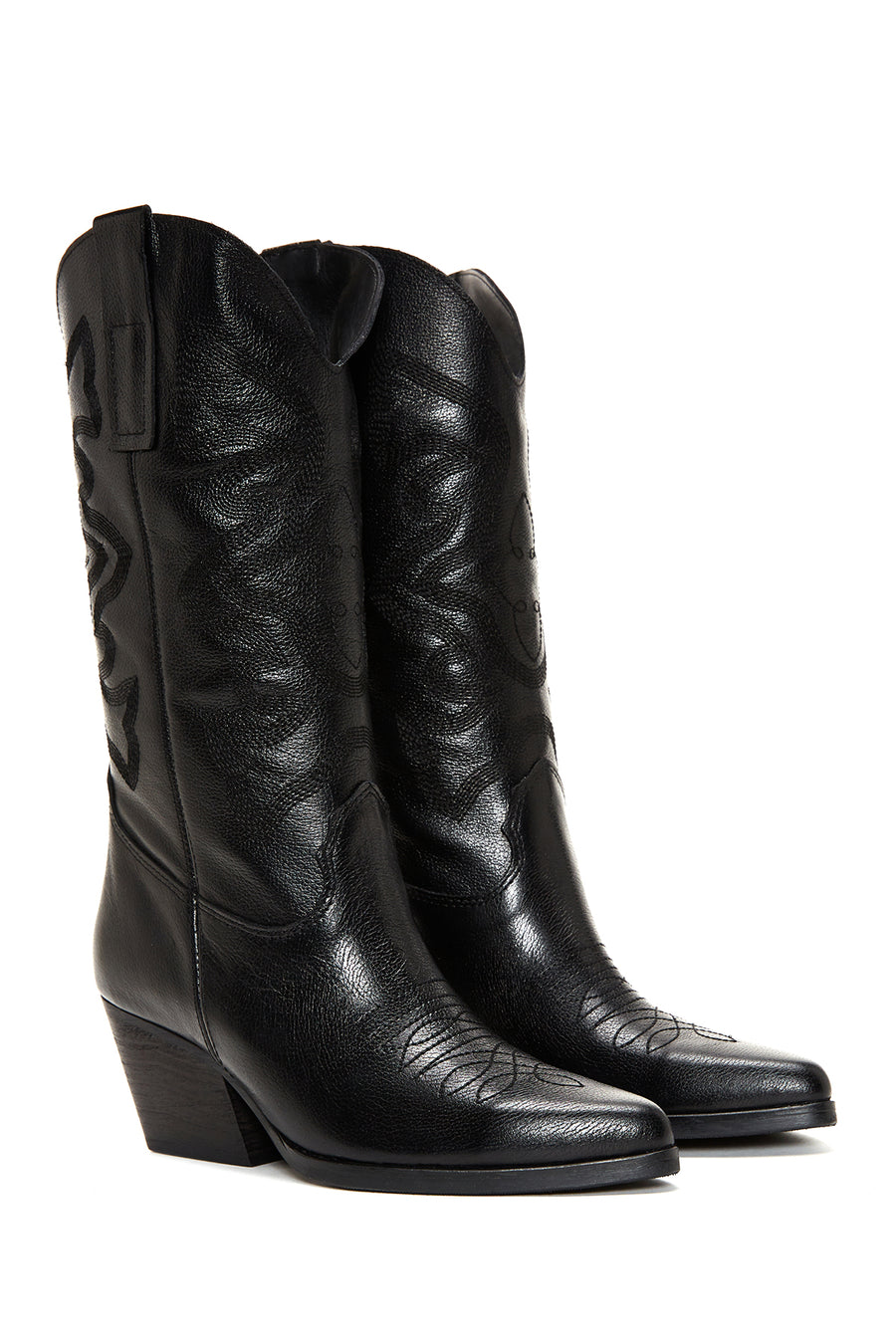 Women's Black Leather Heeled Cowboy Boots