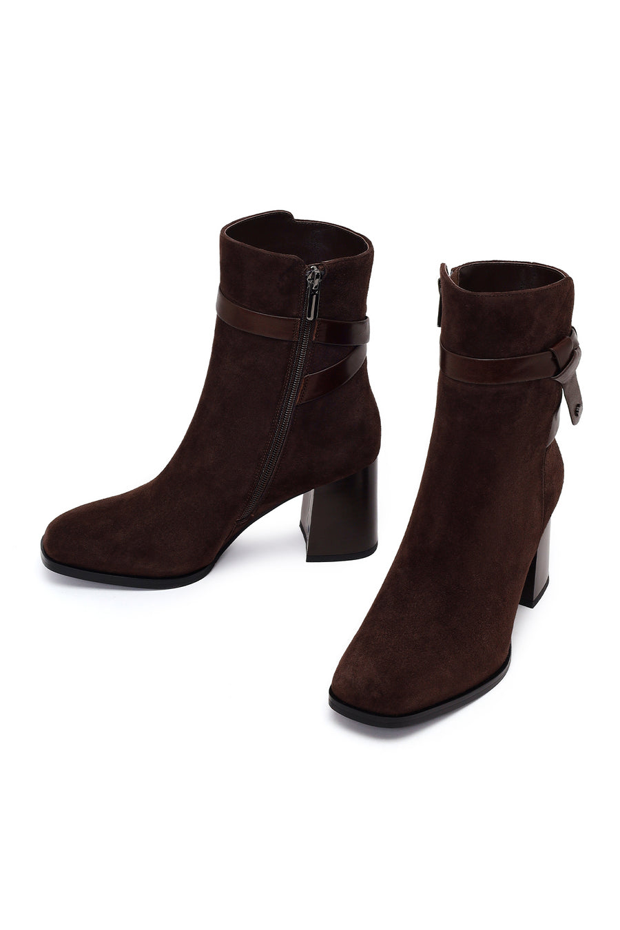 Woman Brown Zip Closure Chunky Heeled Suede Boots