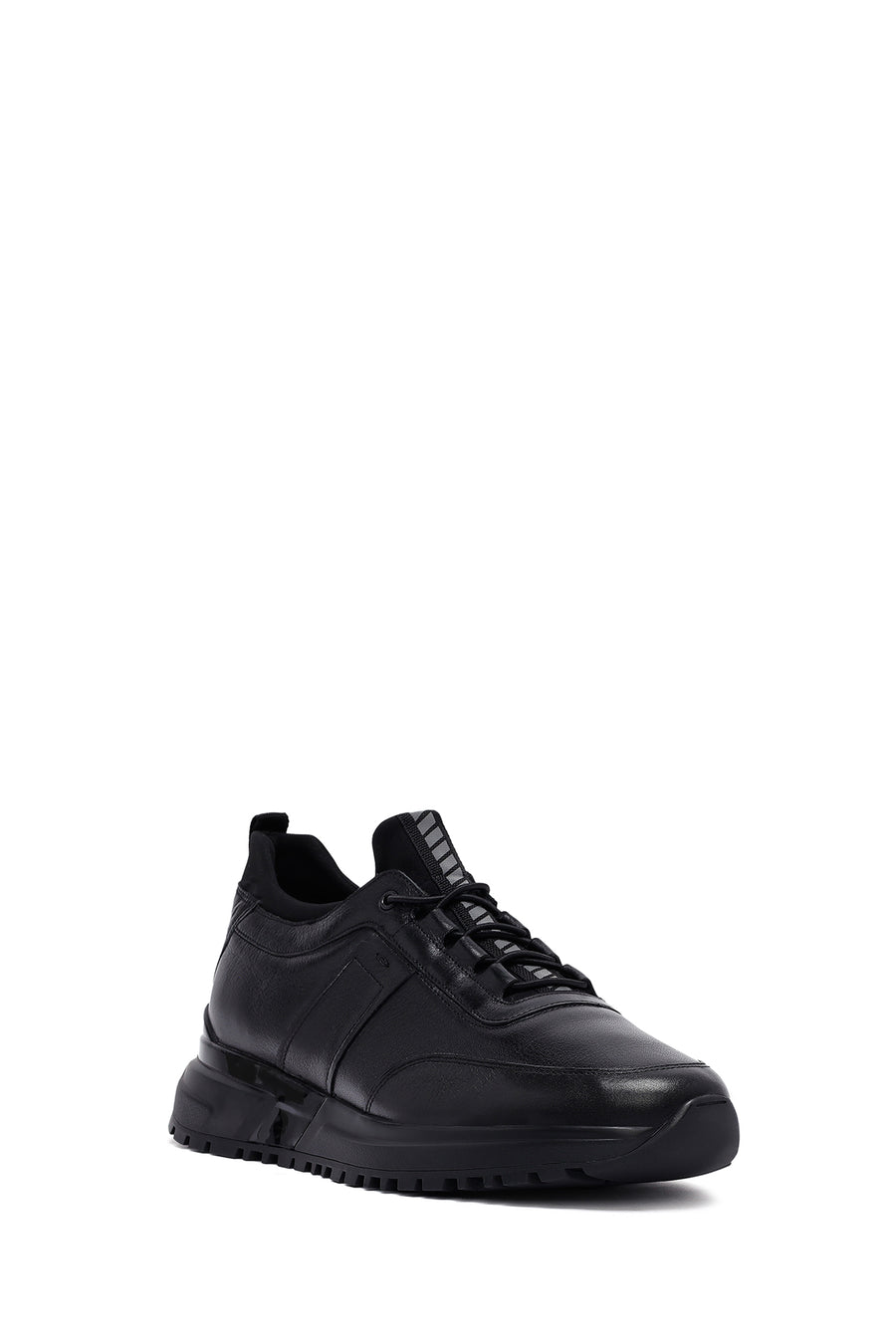 Men's Black Lace-Up Thick-Soled Leather Casual Sneakers