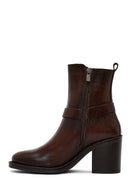 Women's Brown Buckle Chunky Heel Leather Boots | Derimod