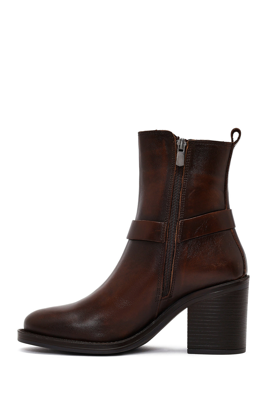 Women's Brown Buckle Chunky Heel Leather Boots