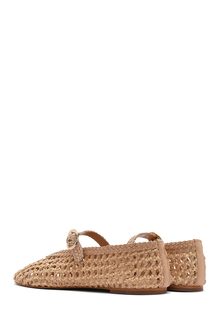 Women's Beige Buckled Straw Leather Ballerinas