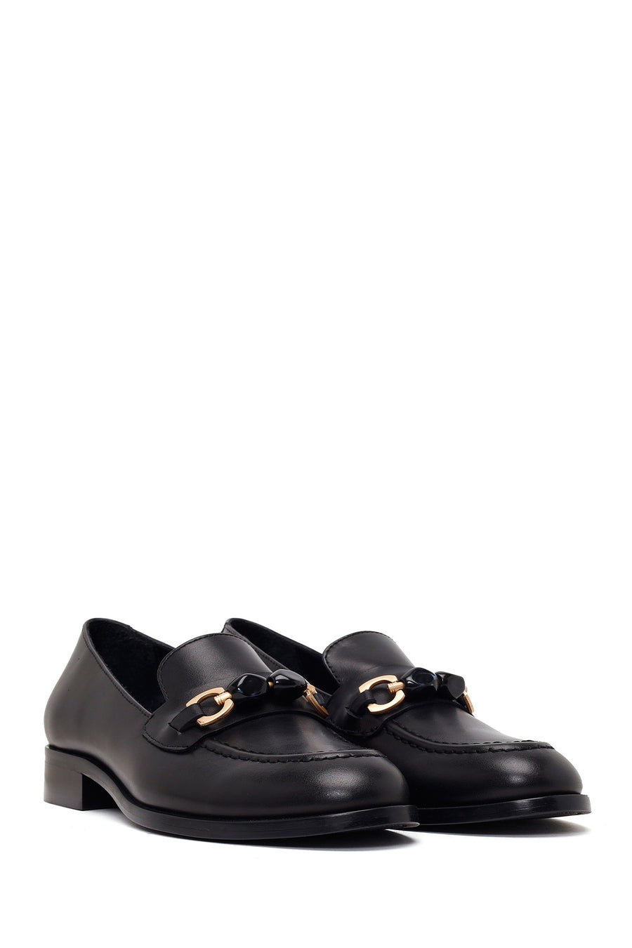 Woman Black Buckled Leather Masculine Loafer