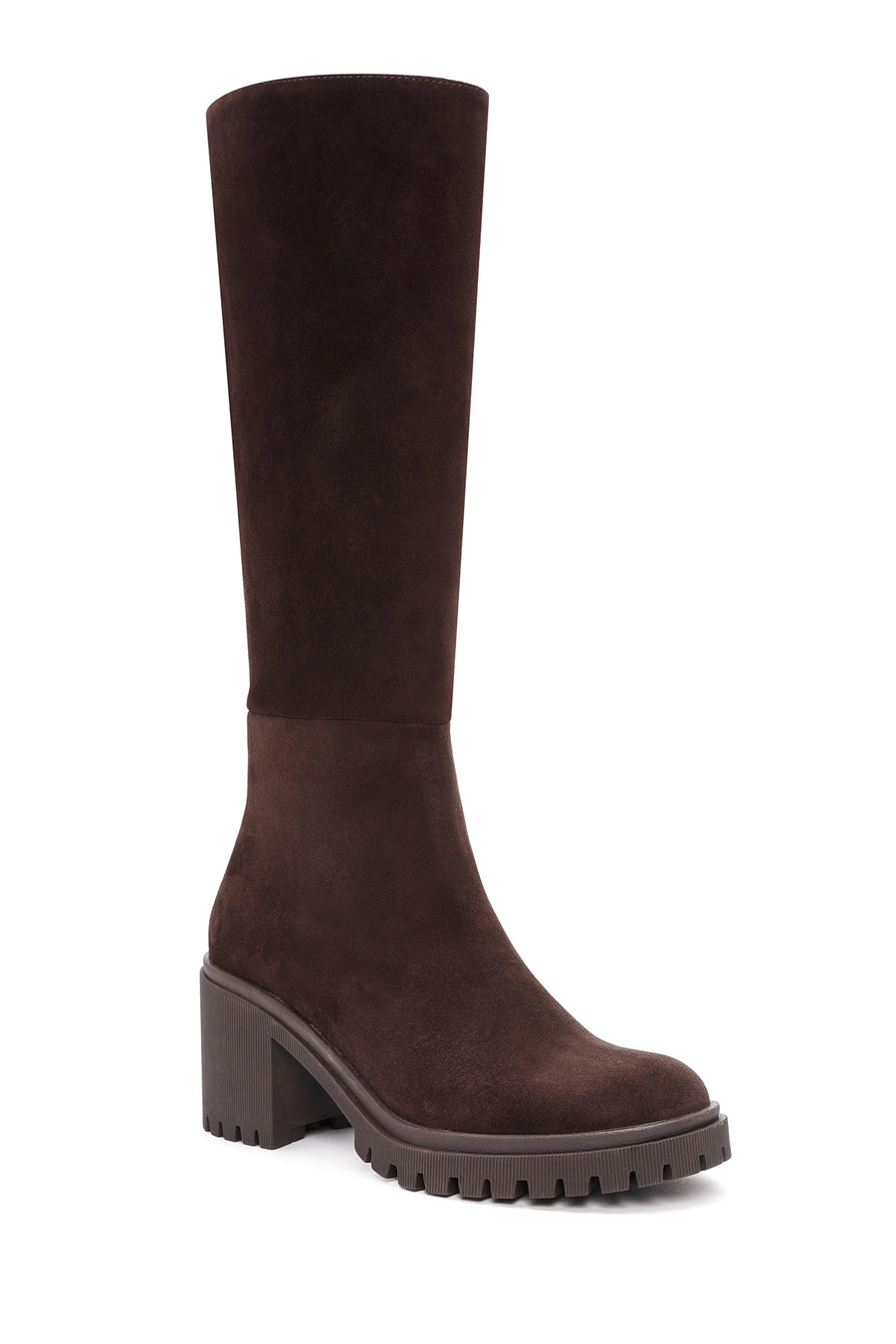 Women's Brown Zippered Chunky Heel Suede Leather Boots