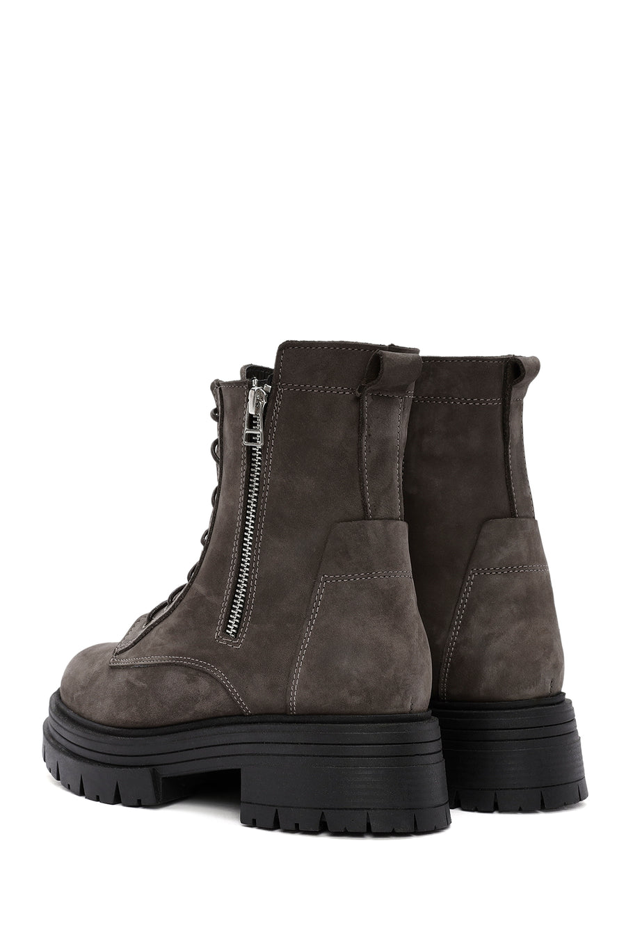 Women's Mink Lace-Up Double Zipper Detailed Thick-Soled Nubuck Leather Combat Boots