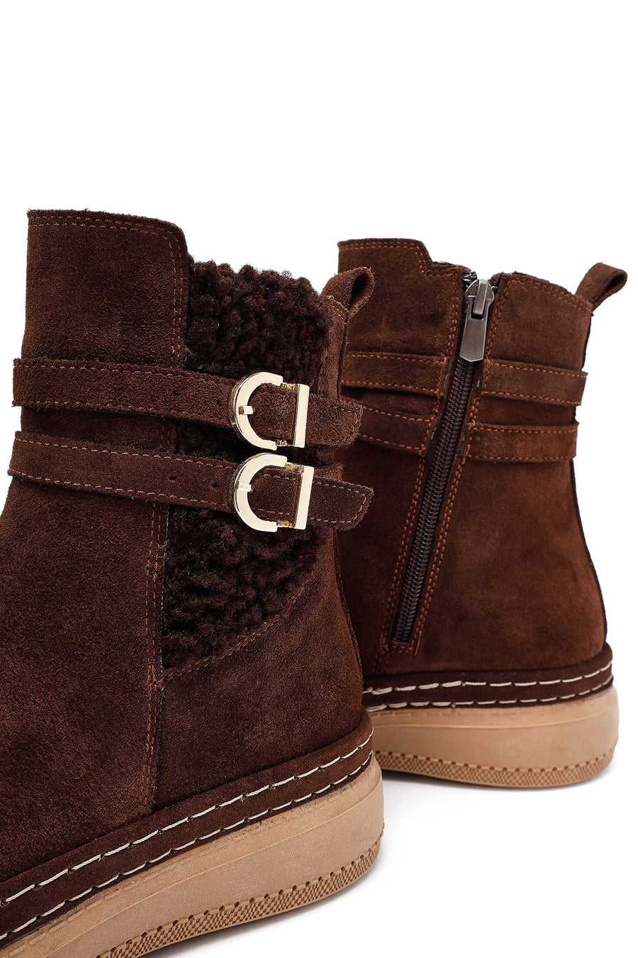 Woman Brown Zippered Suede Leather Teddy Bot