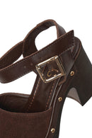 Woman Brown Ankle-Buckle Thick-Heel Suede Leather Sandals | Derimod