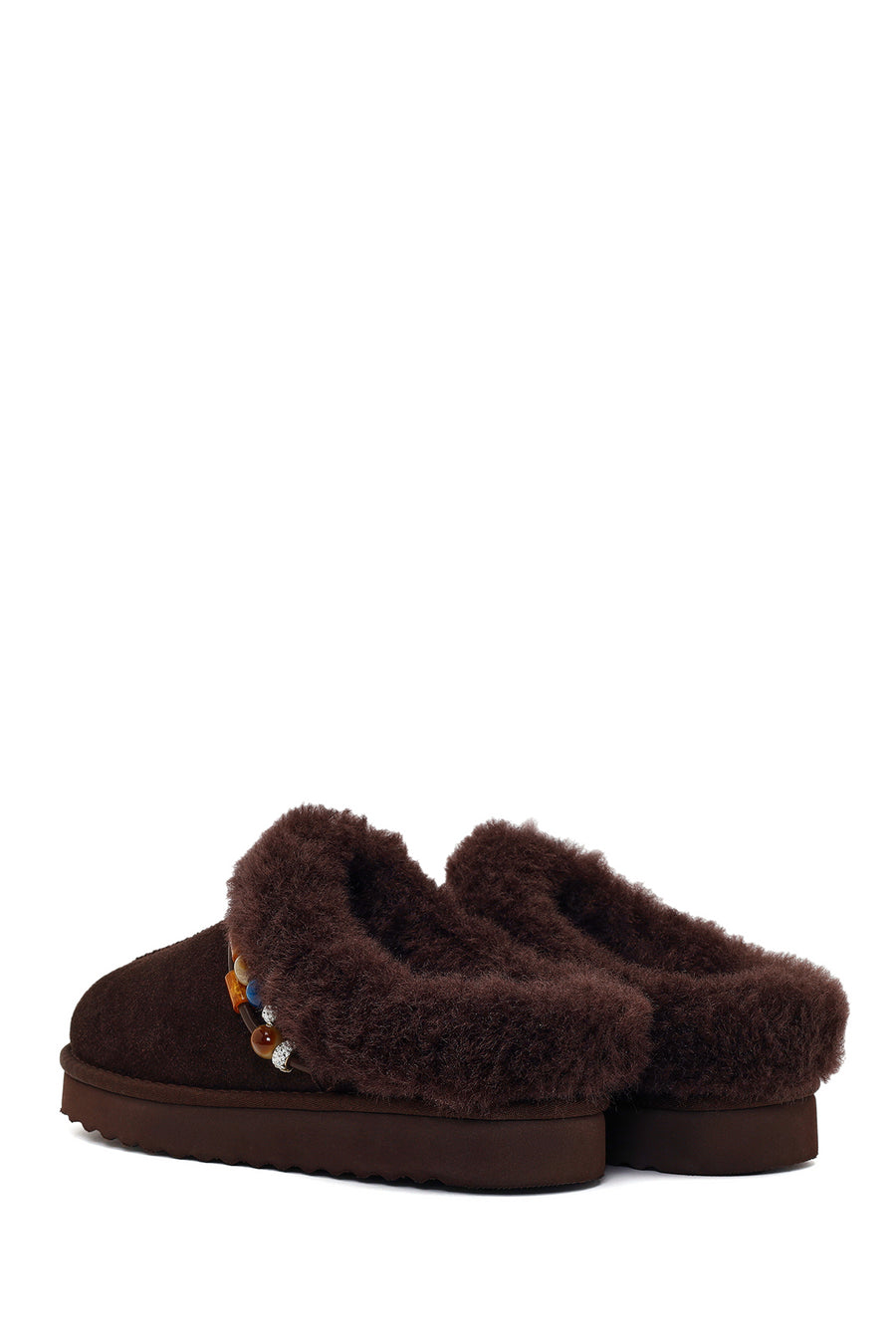 Woman Brown Stone-Embellished Suede Teddy Slipper