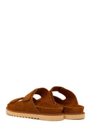 Women's Tan Double Buckle Suede Leather Slippers | Derimod