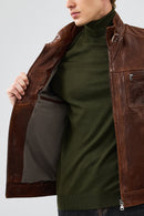 Wade Men's Brown Slim-Fit Leather Jacket | Derimod
