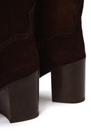 Woman Brown Thick-Heeled Patterned Suede Cowboy Boots | Derimod