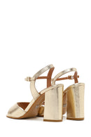 Women's Gold Ankle Buckle Chunky Heel Metallic Leather Sandals | Derimod