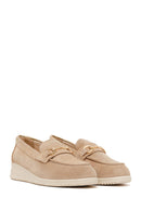 Woman Beige Buckle Wedge-Heel Suede Leather Comfort Loafer | Derimod